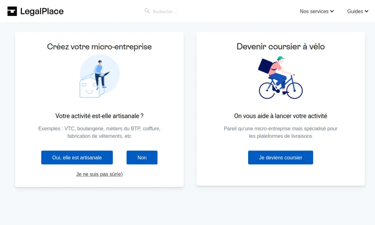 Capture d'écran LegalPlace — page création micro-entreprise